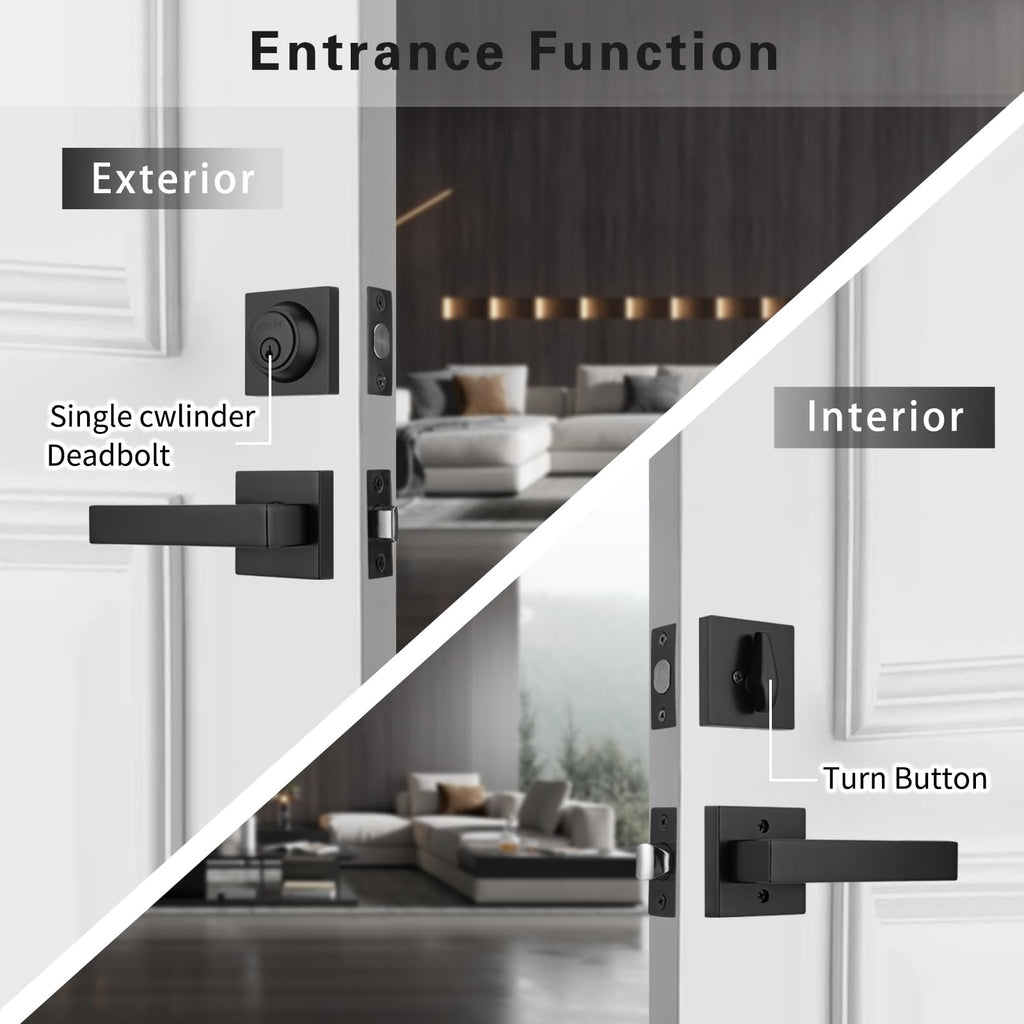 Black Door Handles with Lock, Zinc Exterior Door Lock Set