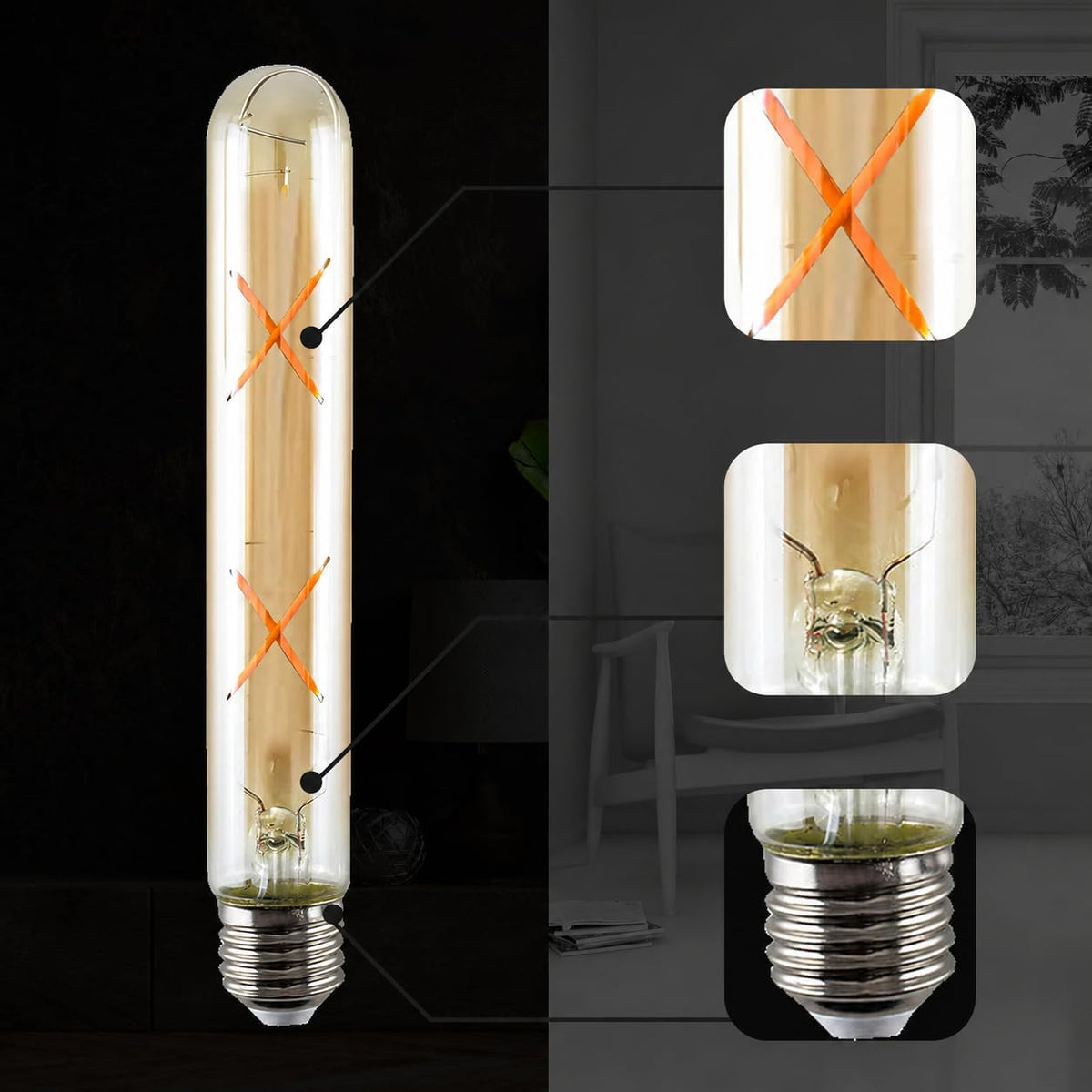 T10 E26 LED Edison Bulbs 4W Dimmable 2700K Amber 40W Equivalent (Pack 2)