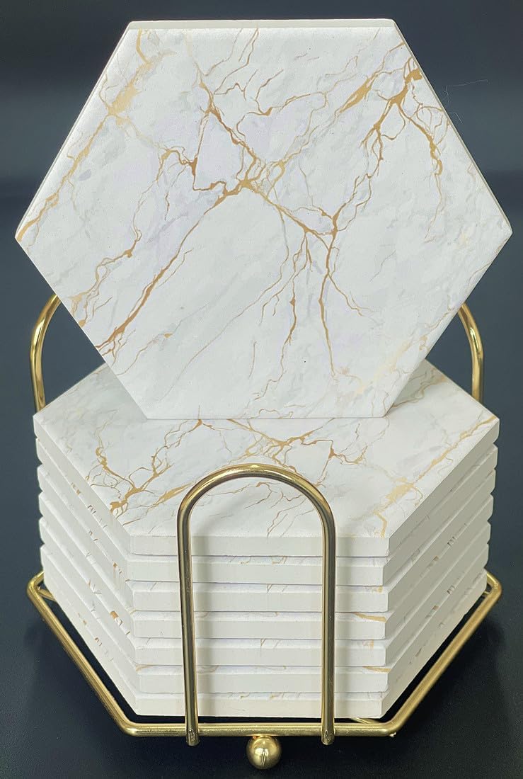 Marble Coasters with Gold Veining Hexagonal Coasters with Cork Base and Metal Holder, White and Gold - Set of 8