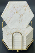Marble Coasters with Gold Veining Hexagonal Coasters with Cork Base and Metal Holder, White and Gold - Set of 8