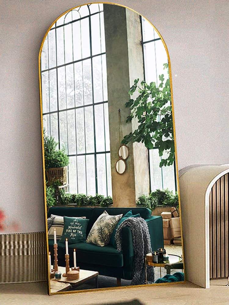 Arched Floor Mirror, 76"34" Full Length Mirror with Stand, Freestanding, Aluminum Frame - Gold