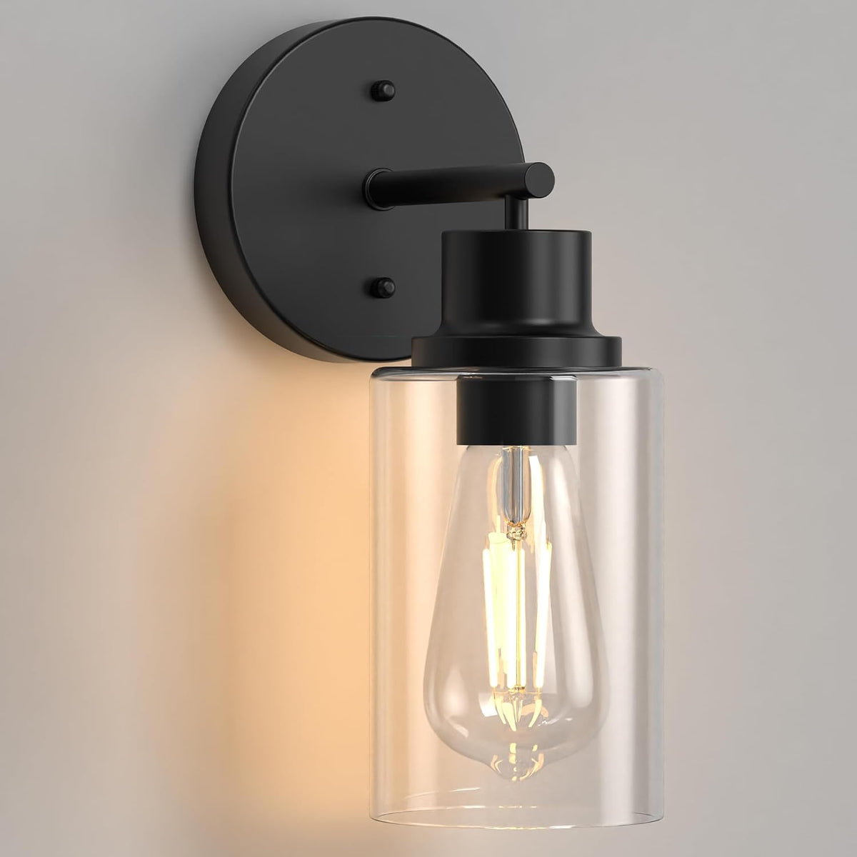 One-Light Black Bathroom Sconce with Clear Glass Shade, Modern