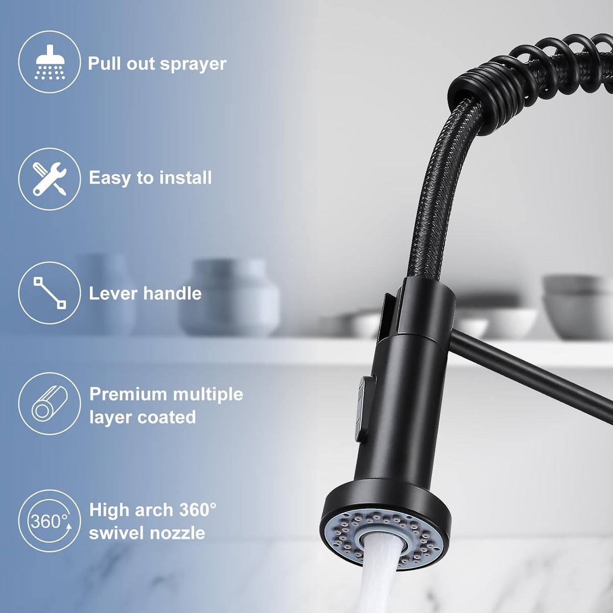 Kitchen Faucets with Pull Down Sprayer Single Handle 1 or 3 Holes Spring Kitchen Sink Faucet with Deck Plate for Farmhouse RV Vessel Basin (Matte Black)