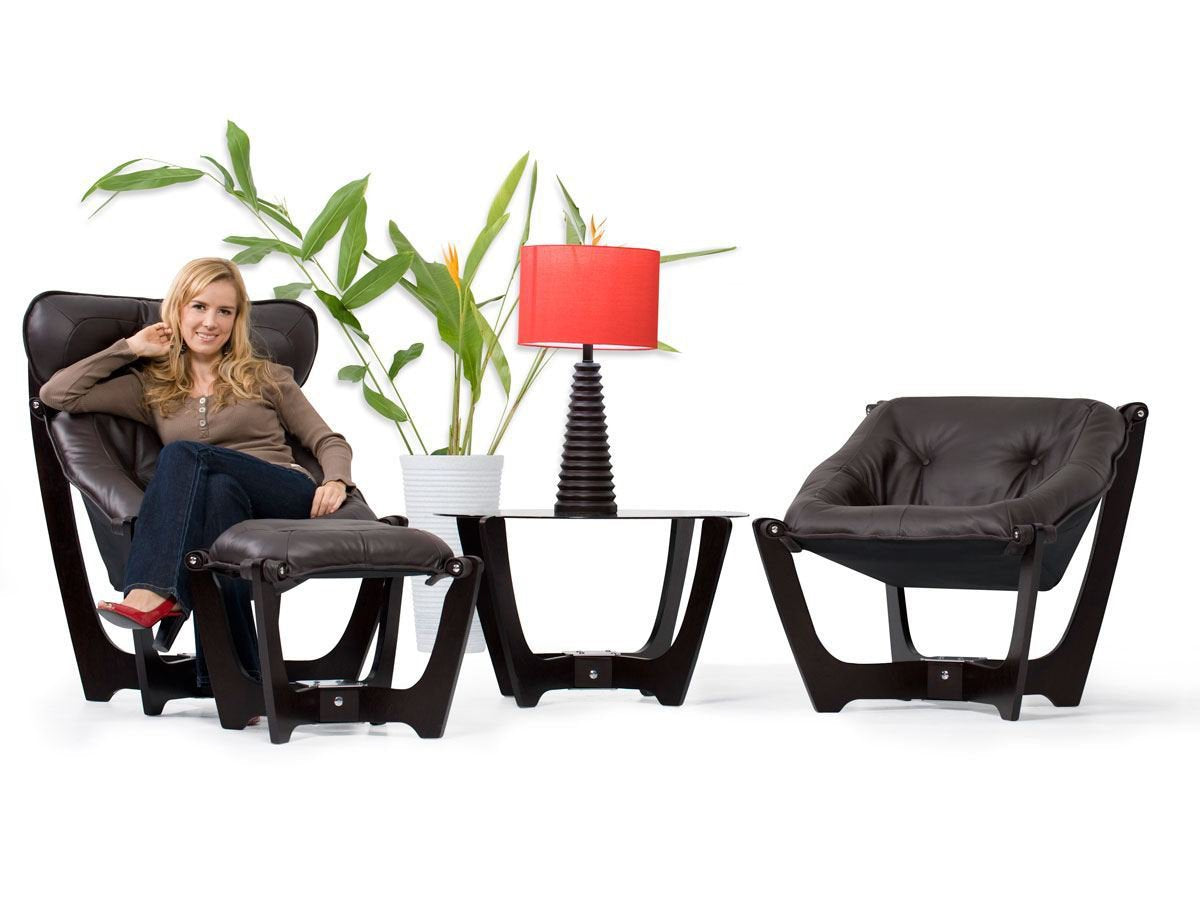 Luna High Back Leather Chair and Ottoman - Espresso Wood Frame (Black Leather)