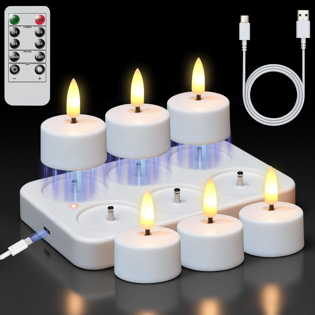Rechargeable Tea Lights Candles Remote Timer Charging Base White