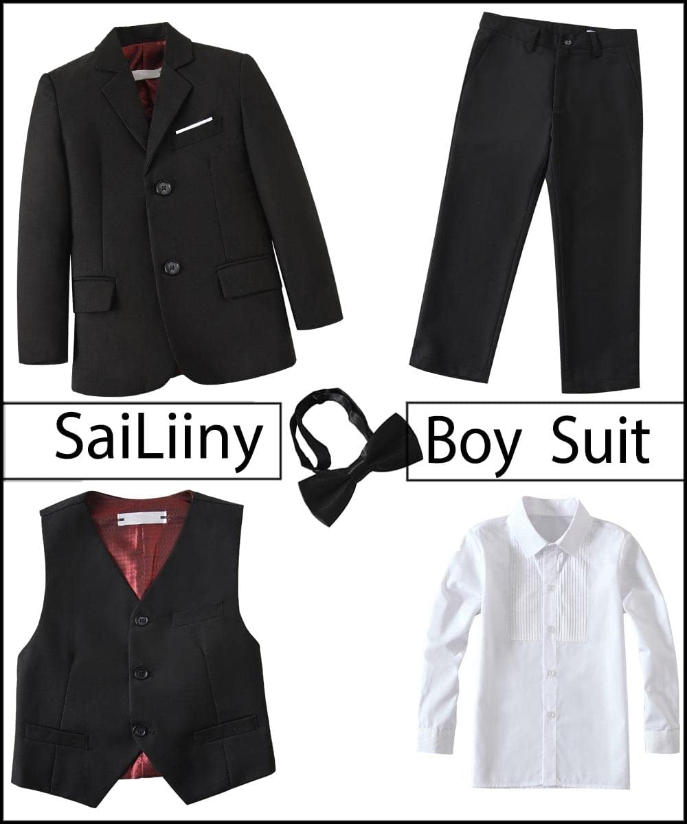 Boys Formal Suits 5 Pieces Slim Fit Toddler Tuxedo with Adjustable Waist