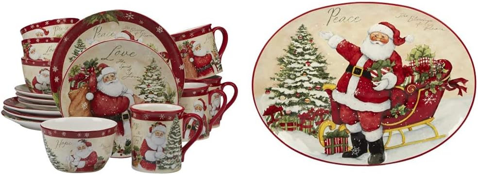 Holiday Wishes 16 piece Dinnerware Set, Set of 4, One Size, Mulicolored & Holiday Wishes Oval Platter, 16.5" x 12.25"