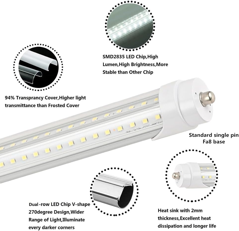 6FT T8 LED Tube Light Bulbs 40W Single pin Fa8 Cap 6000K Daylight with Ultra Bright Dual-Row LEDs,6 Foot T10