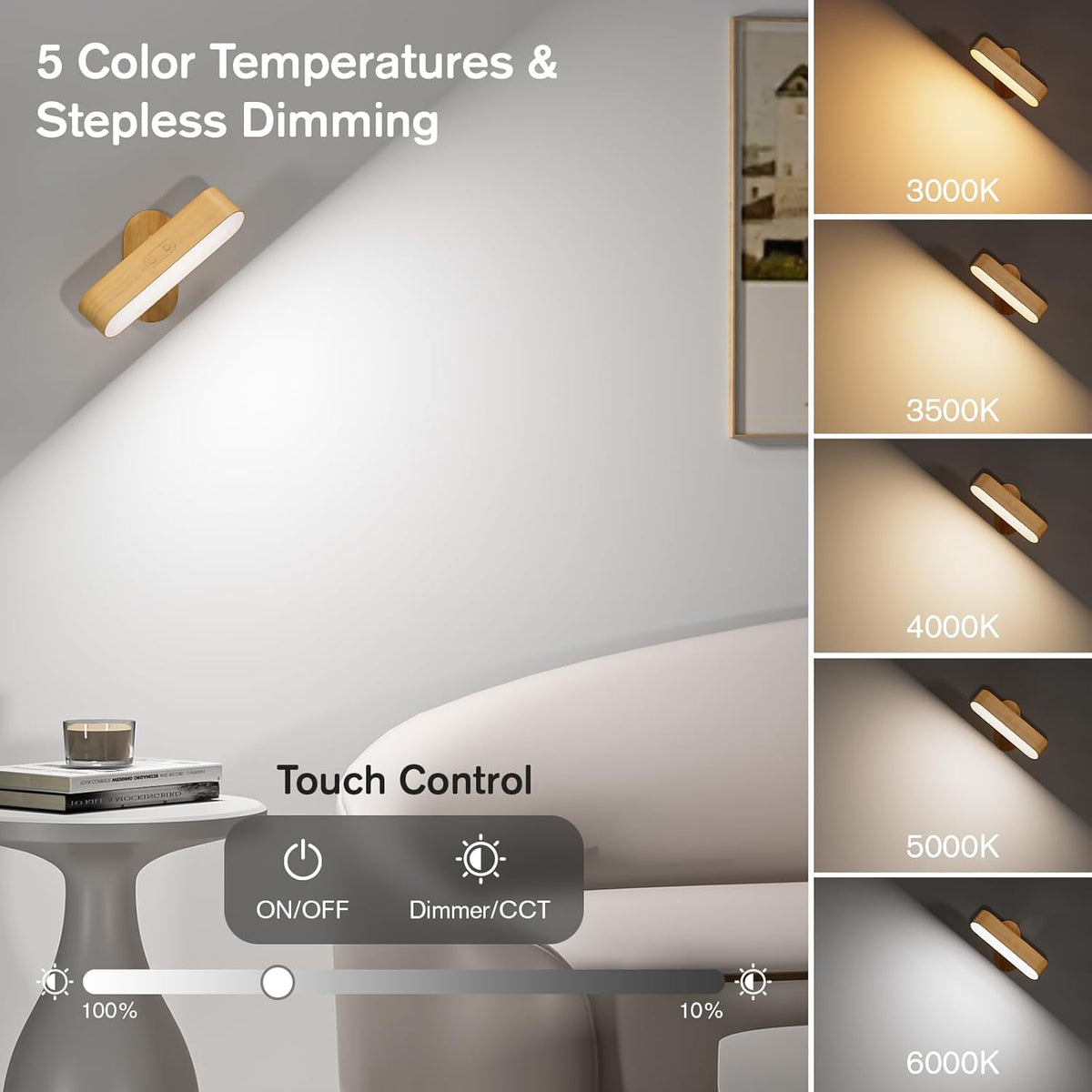 Battery Operated Wall Sconces, Wireless LED Wall Sconce Set of Two for Bedroom, Rechargeable Wall Lights for Picture