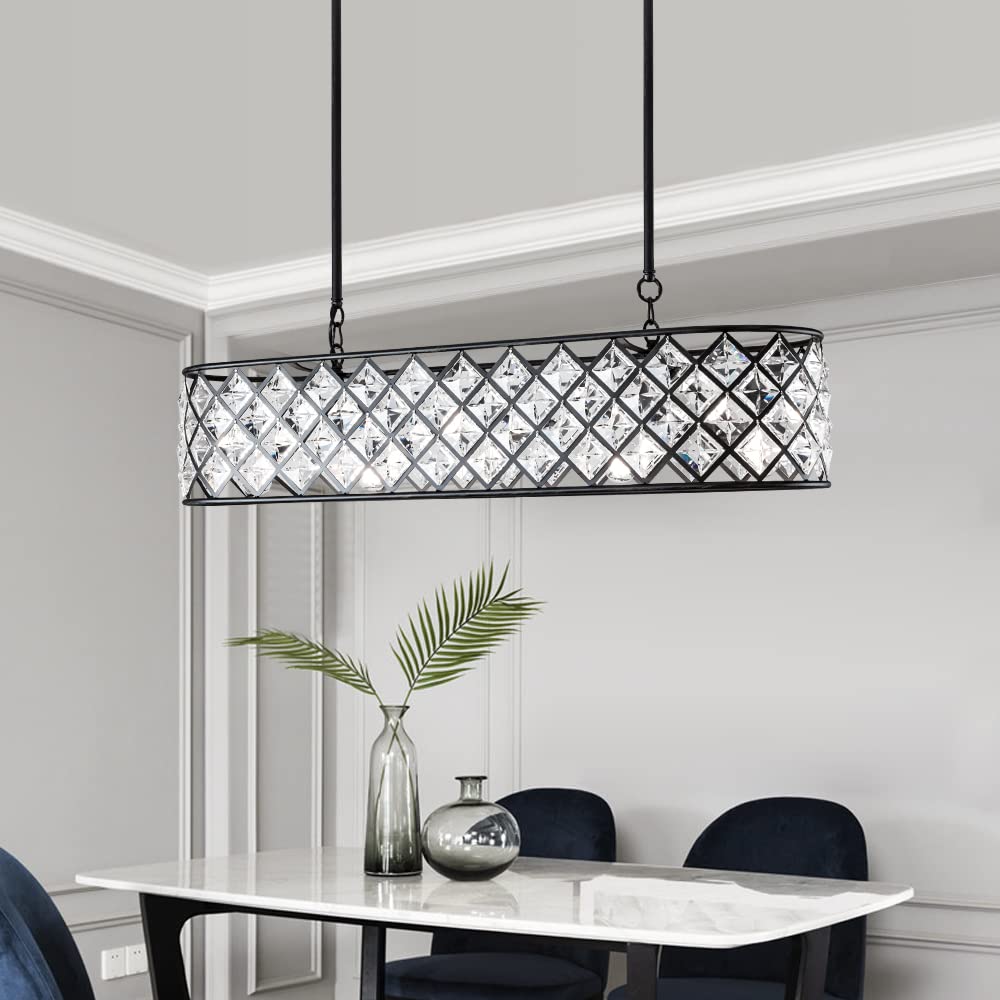 5 Lights Crystal Chandelier, Modern Rectangle Raindrop Pendant Light, Beaded Shade Contemporary Ceiling Lights