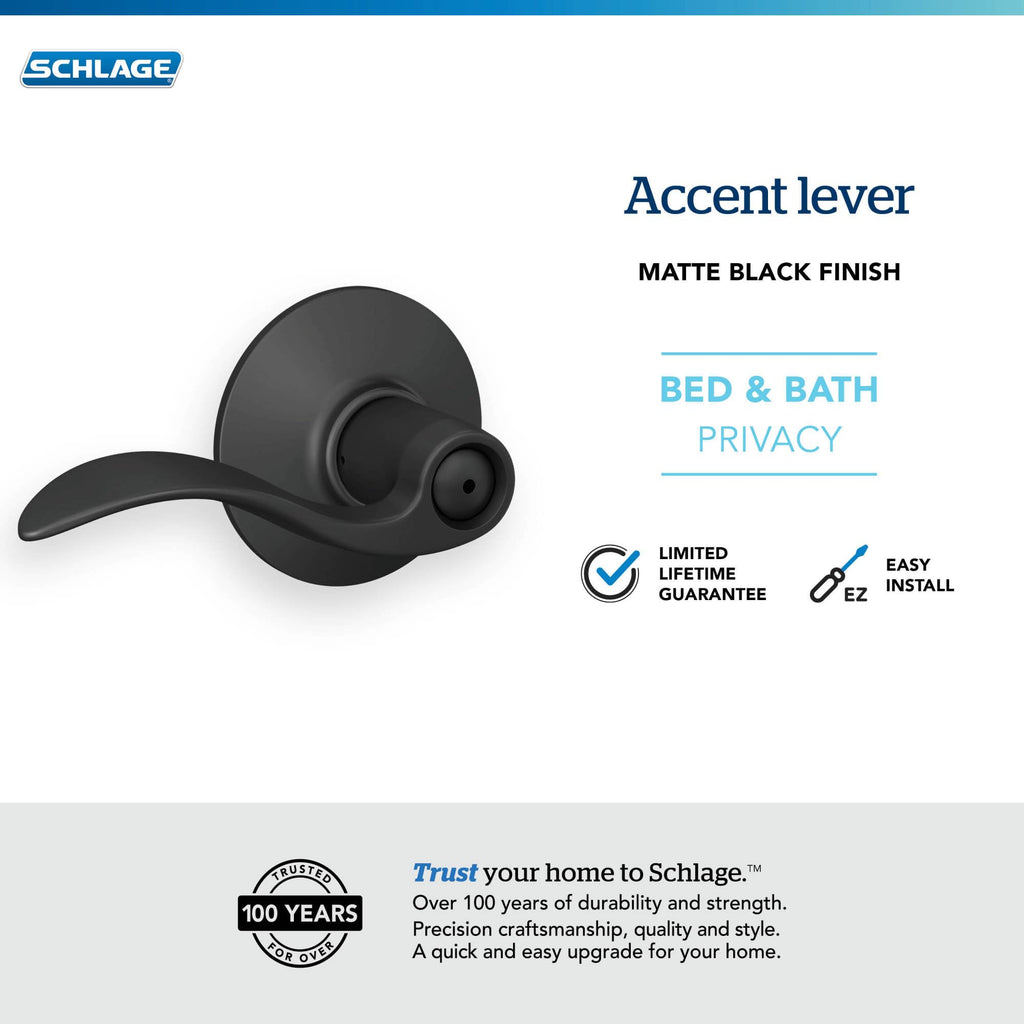 F40 ACC 622 Accent Door Lever, Bed & Bath Privacy Lock, Matte Black
