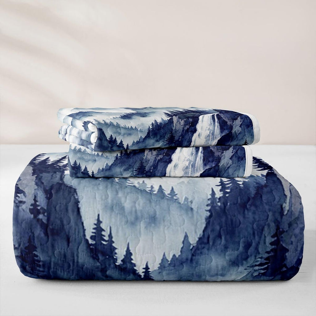 Navy Blue Ink Wash Mountain Waterfall Quilt Quilted Blanket - Rustic Woodland Pine Forest Cabin Lodge