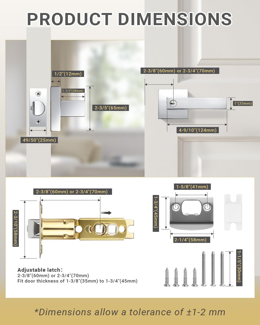 3 Pack Door Knob with Lock and Key Front Doot Handle with Lock Polished Chrome Modern Square Leverset
