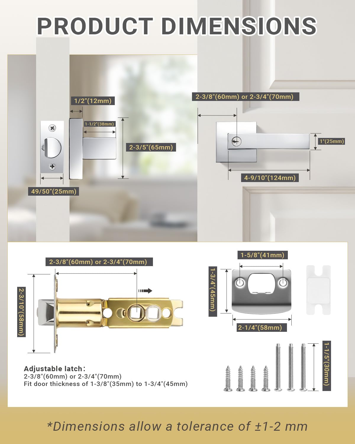 3 Pack Door Knob with Lock and Key Front Doot Handle with Lock Polished Chrome Modern Square Leverset
