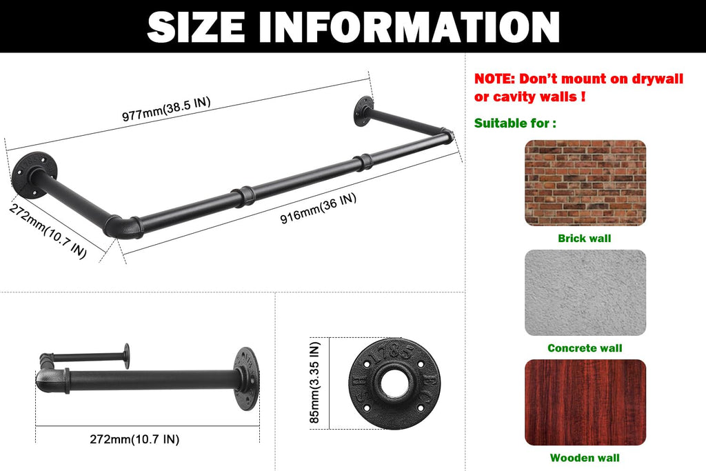 Industrial Pipe Clothes Rack, Heavy Duty Detachable Iron Garment Rack Wall Mounted, Rustic Saving Space Clothes Bar
