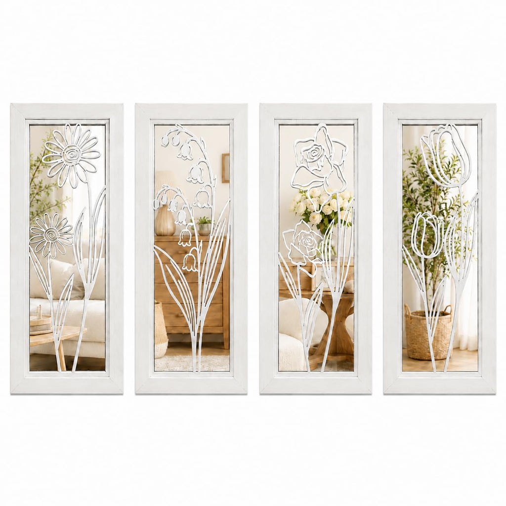 4 Set Rustic Wall Mirrors Bathroom Living Room Entryway Wood Farmhouse Rectangular Easy to Hang Framed Decorative