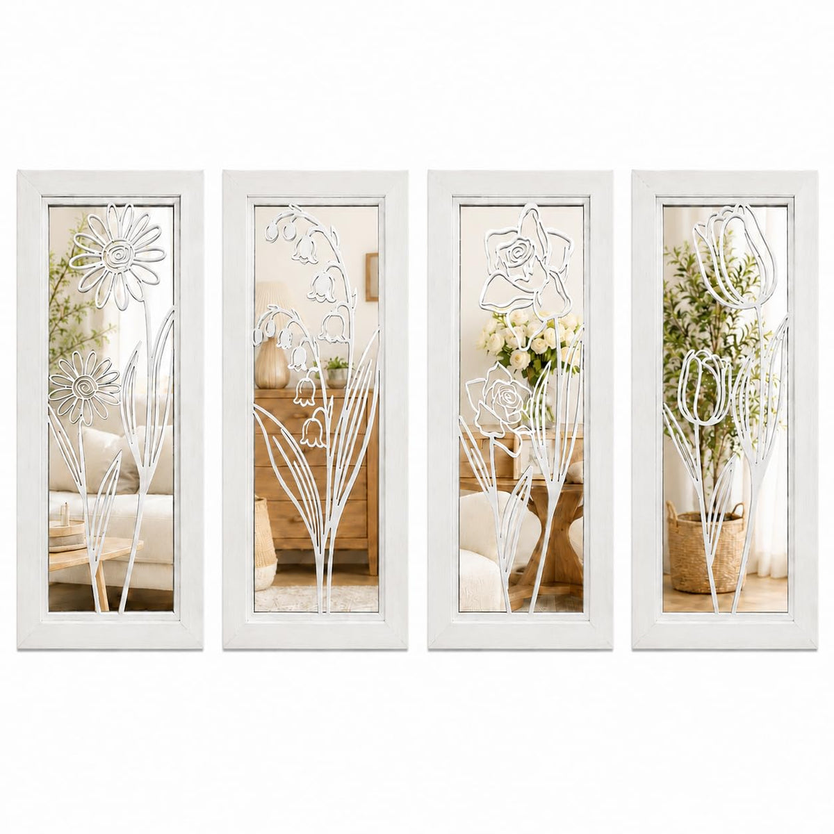 4 Set Rustic Wall Mirrors Bathroom Living Room Entryway Wood Farmhouse Rectangular Easy to Hang Framed Decorative