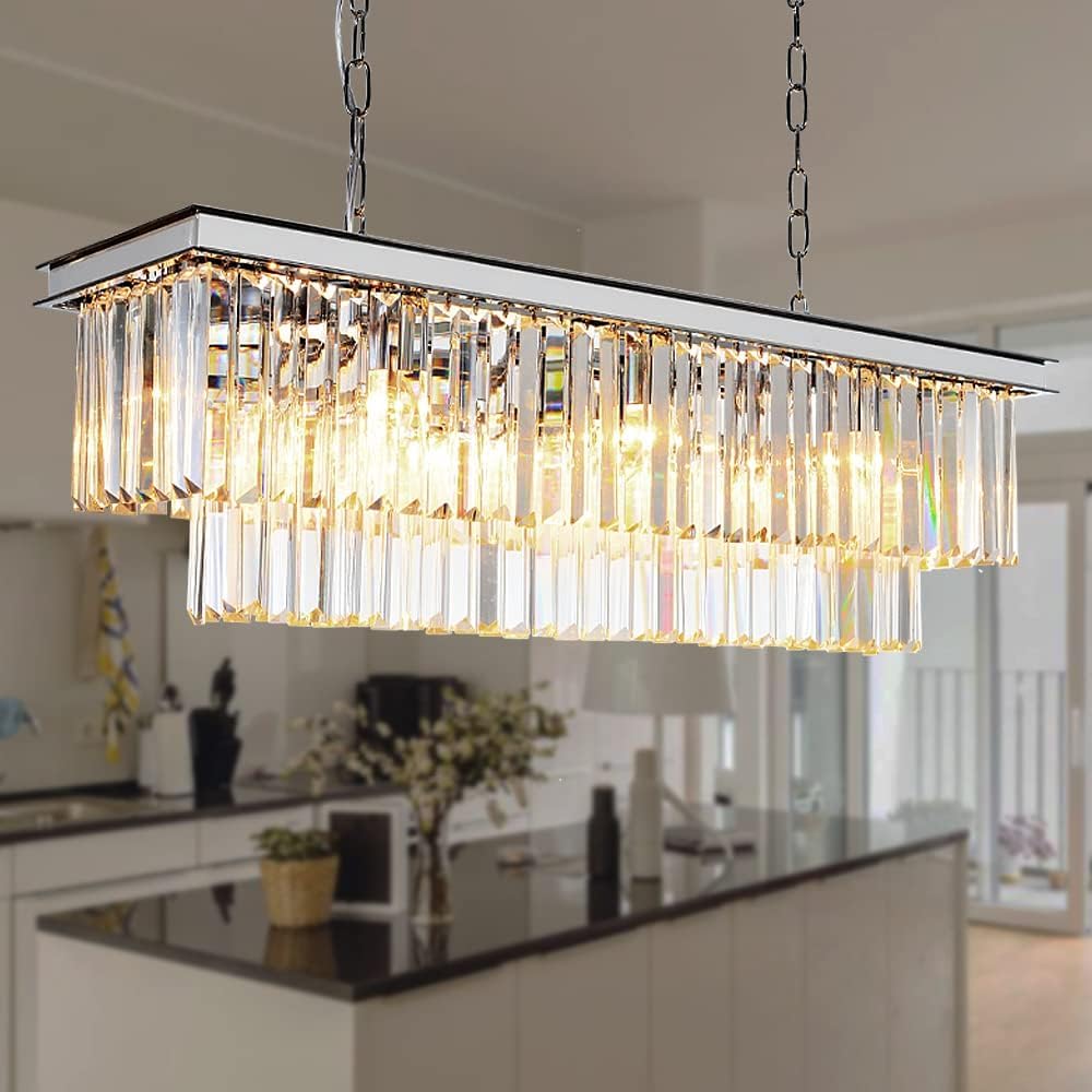 Chrome Rectangular Crystal Chandelier, Linear Statement Light for Long Tables