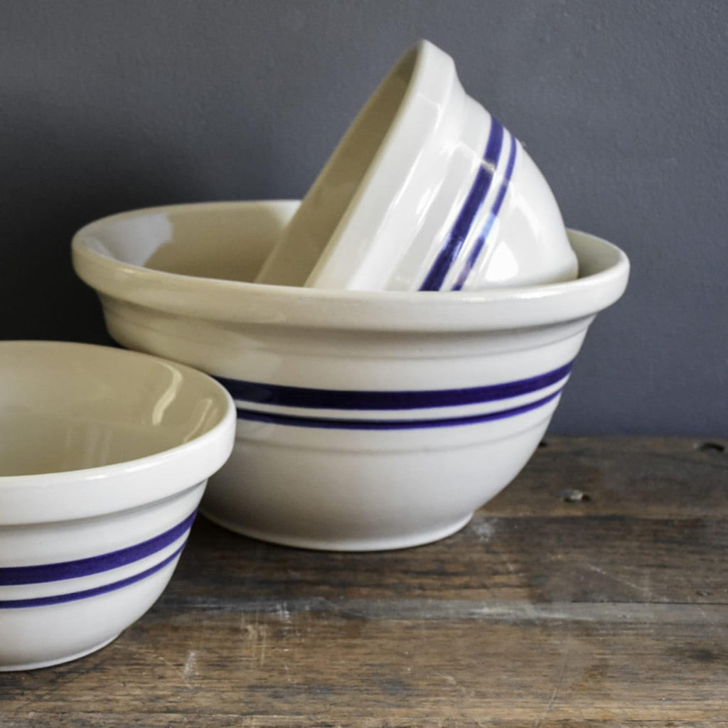 Dominion Mixing Bowl, Stoneware with Food Safe Glaze, Tan with Blue Stripe, 12 inches