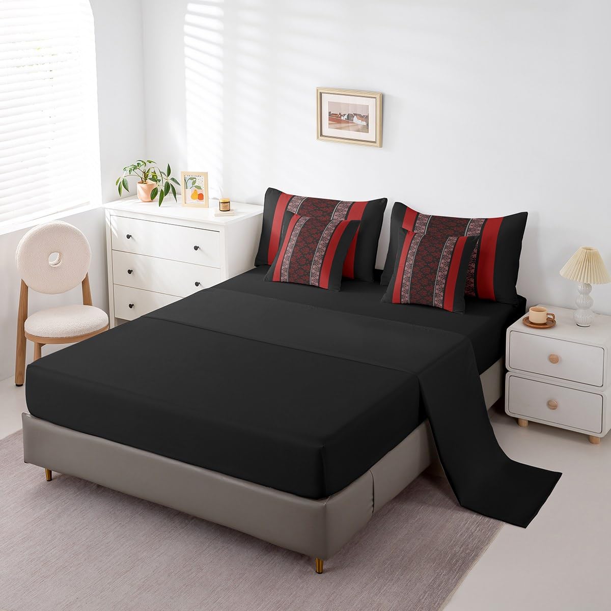 Adult Classic Jacquard 7 Piece Bedding Set Twin Size Damask Pattern Comforter Set with Sheets for Boys Girls Black