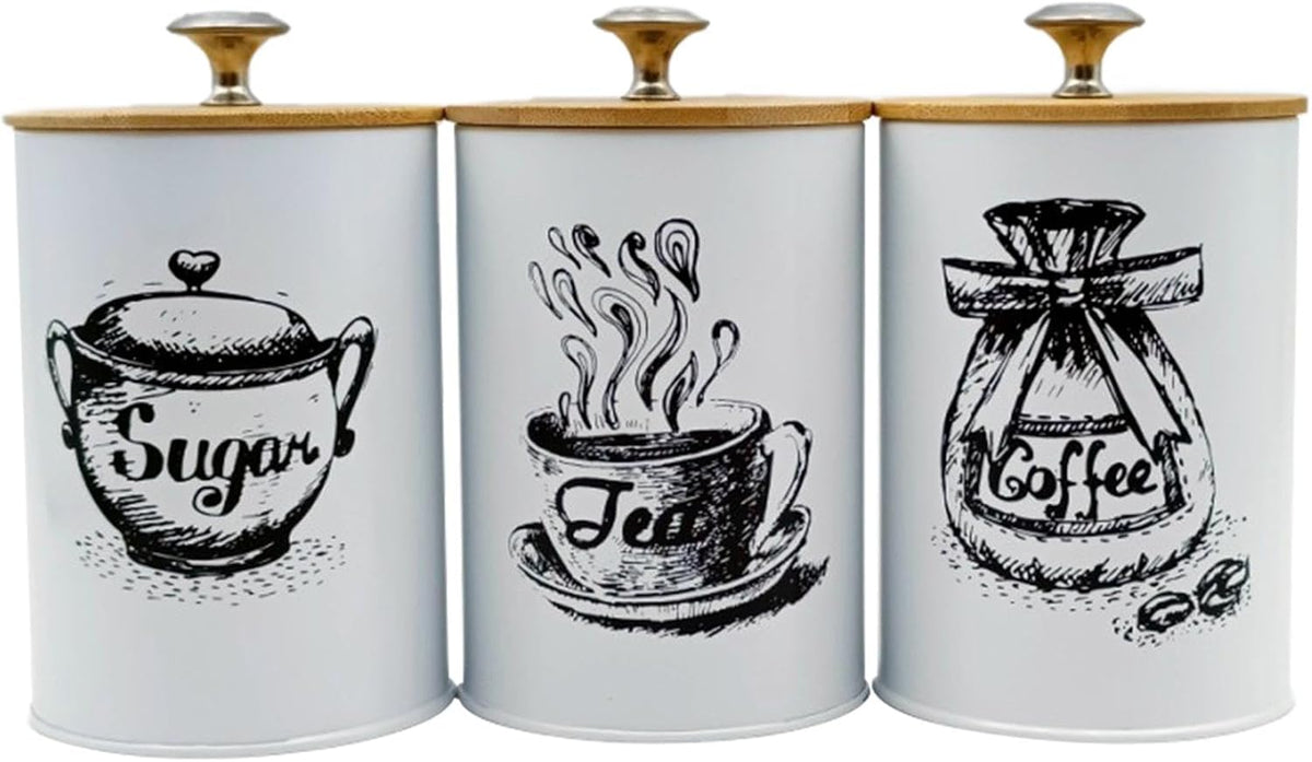 3-Piece Kitchen Canister Set for Coffee Tea Sugar, Iron and Bamboo Countertop Storage Jars with Dustproof Lids - Set of 3