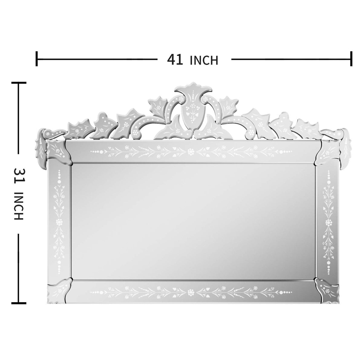 Large Decorative Wall Mirrors 41x31 Inch Venetian Wall Mirror with Ornate Crown, Etched Floral Design Beveled Edge