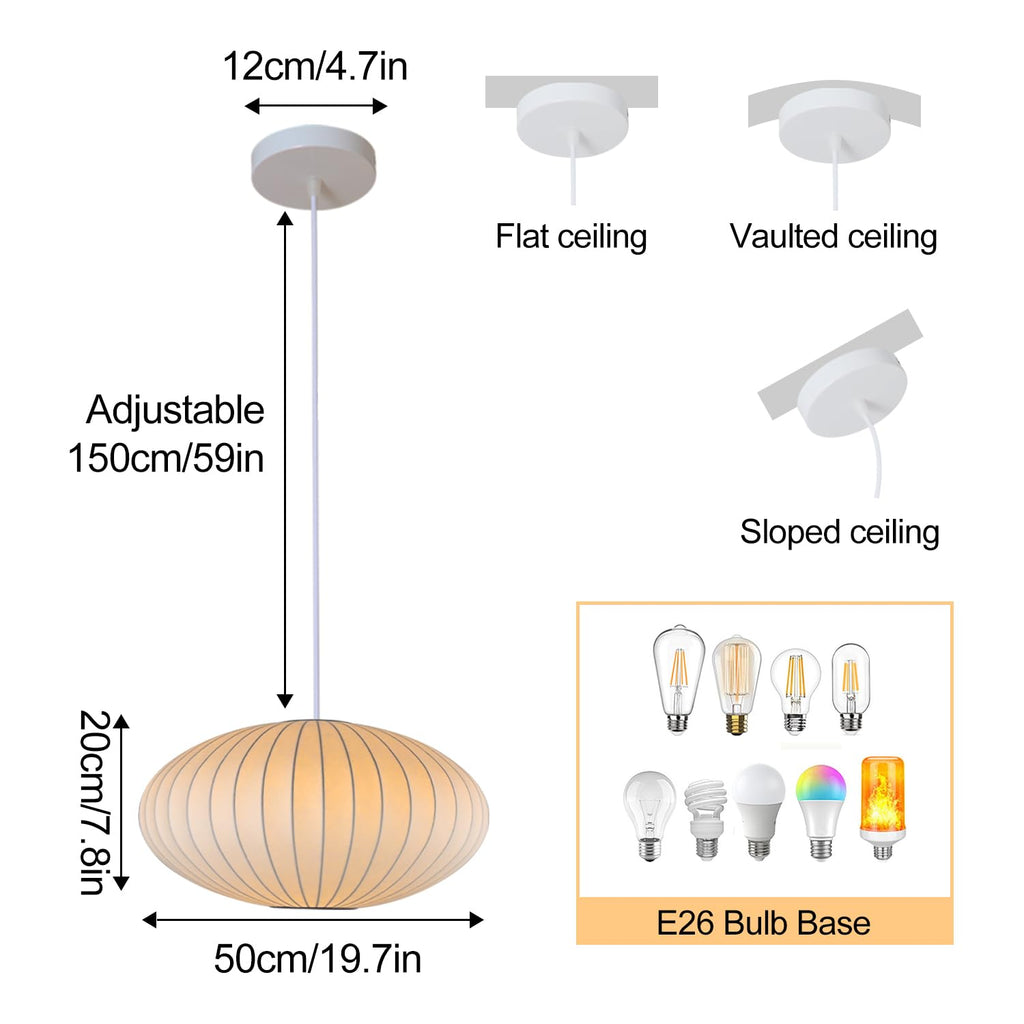 Inspired Nelson Style Italian Silk Pendant Light, 19.7in White Bubble Fabric Lantern