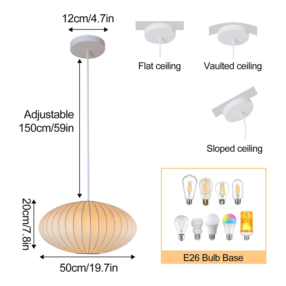 Inspired Nelson Style Italian Silk Pendant Light, 19.7in White Bubble Fabric Lantern