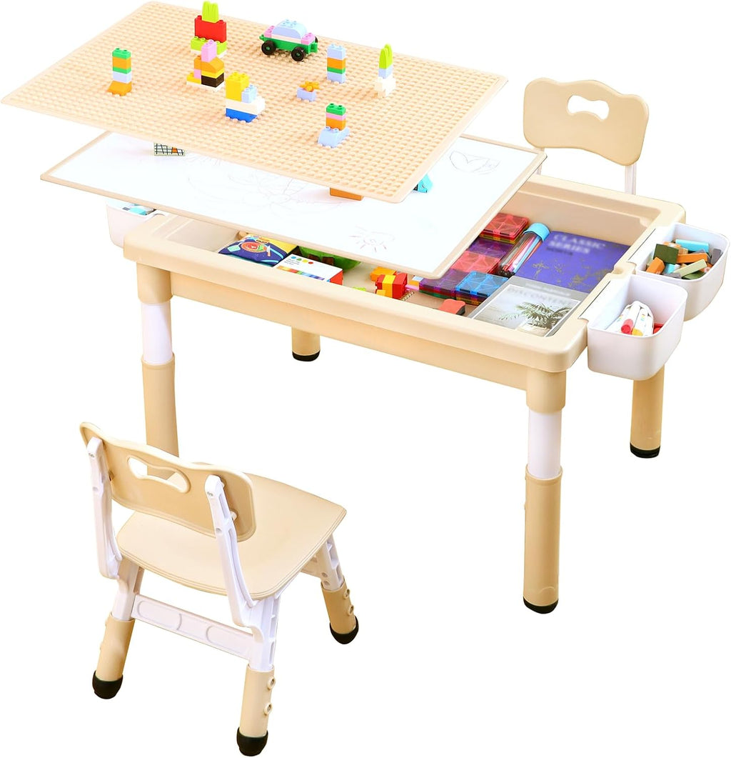 4 in 1 Kids Table and 2 Chairs Set, Large Storage Toddler Table and Chair Set with 4 Side Box, Graffiti/Building