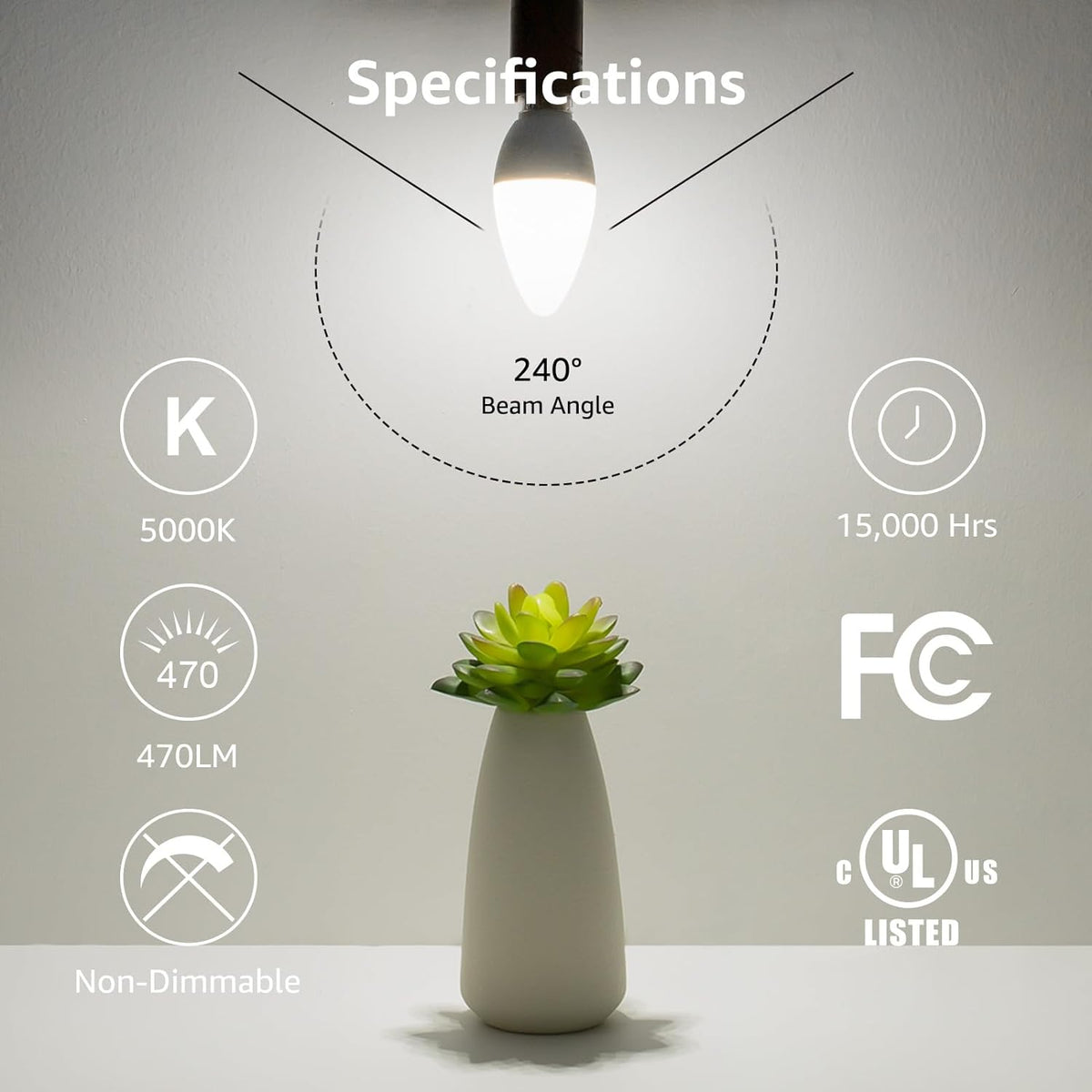 E12 LED Candelabra Light Bulbs, 5000K Daylight, 40W Equiv, 6 Pack
