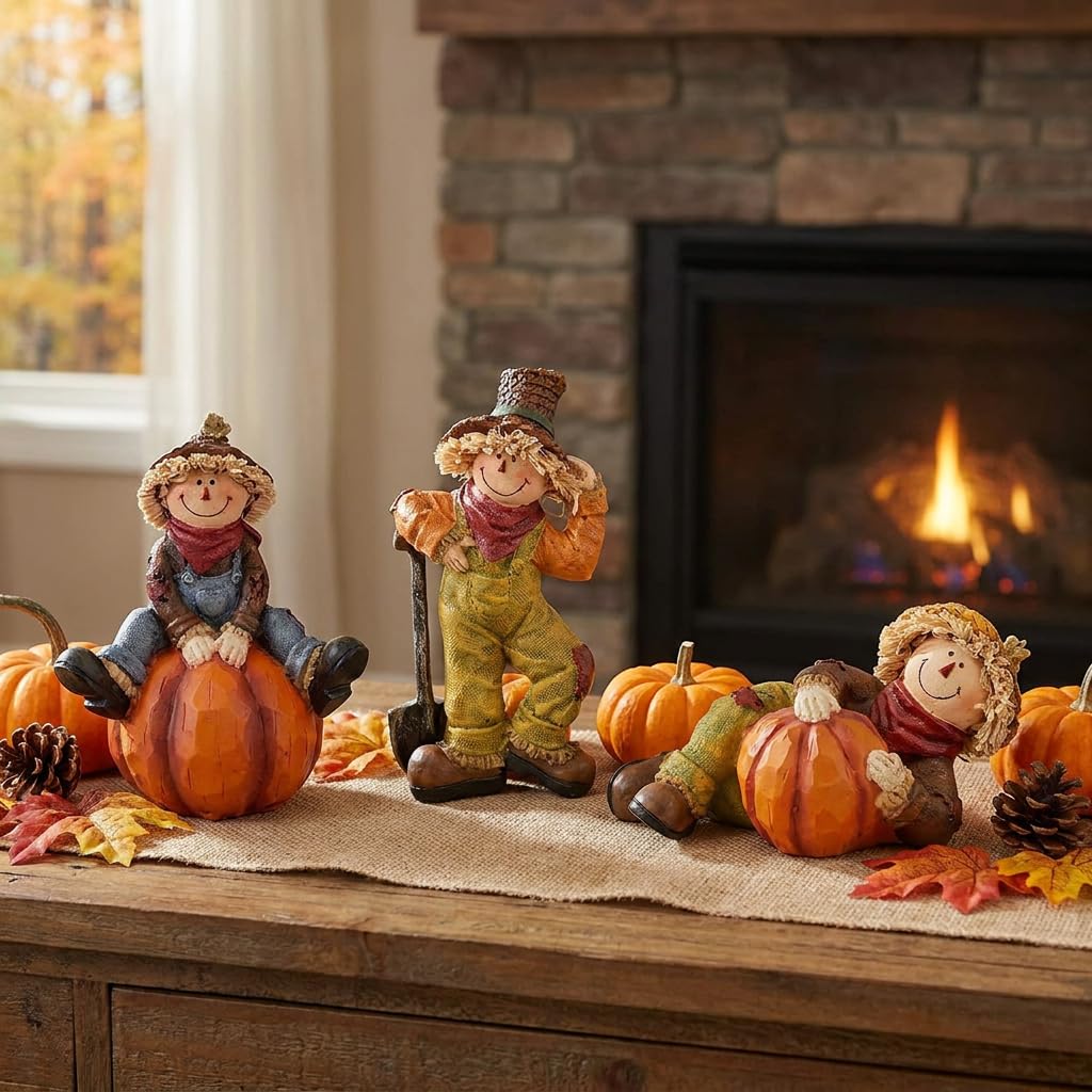 Thanksgiving Fall Scarecrows Table Decor Figurines with Pumpkins Set of 3