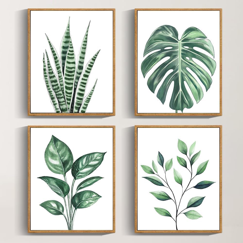 Botanical Canvas Framed Wall Art Watercolor Green Leaf Tropical Plant Art Prints Boho Decor Bathroom Kitchen Home