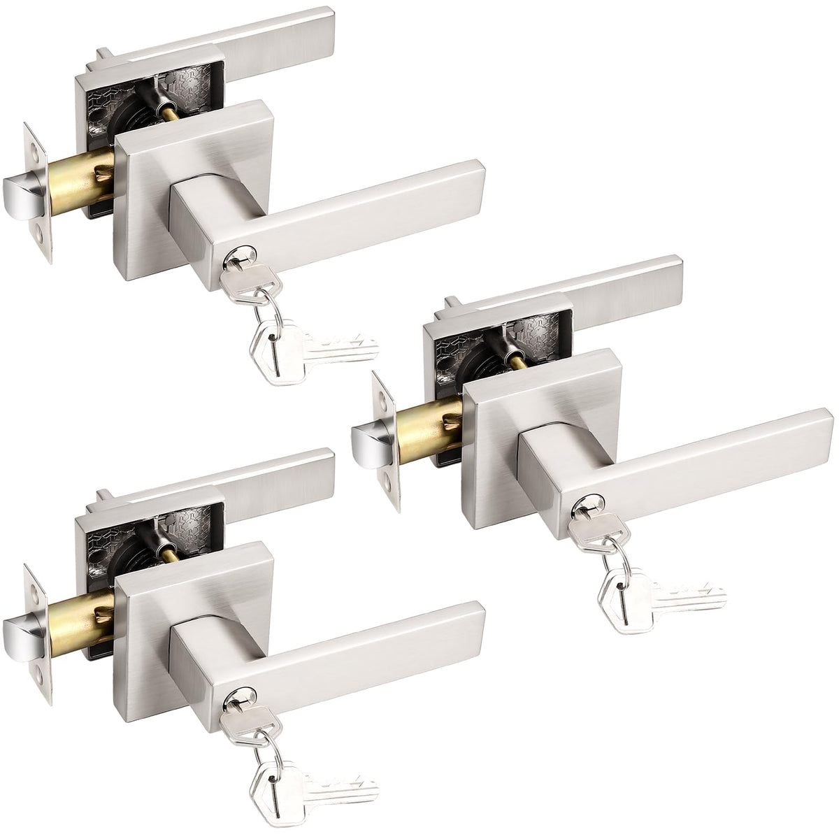 Entry Door Levers Brushed Nickel with Different Keys, Heavy Duty Hardware for Exterior Front and Back Door,Lockable