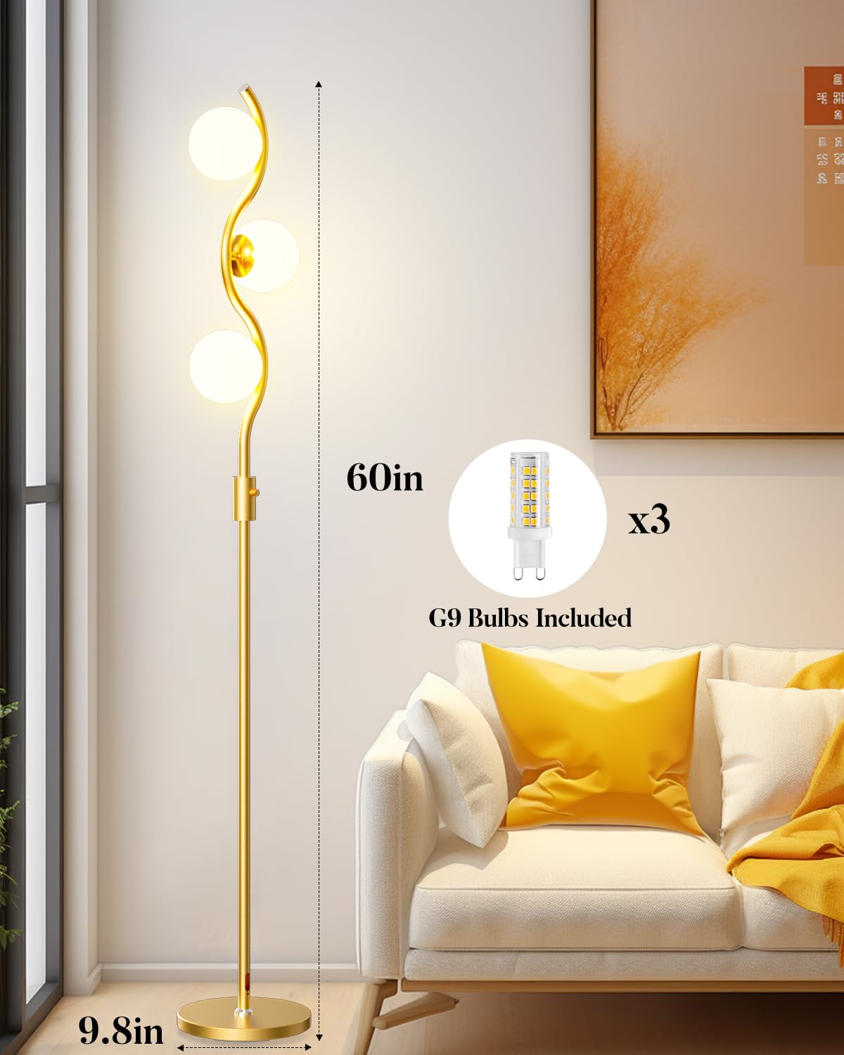 60IN Gold Floor Lamp Stepless Dimmable Globe Floor Lamps with 3Pcs 3000K Bulbs Included Eye-Friendly Mid Century