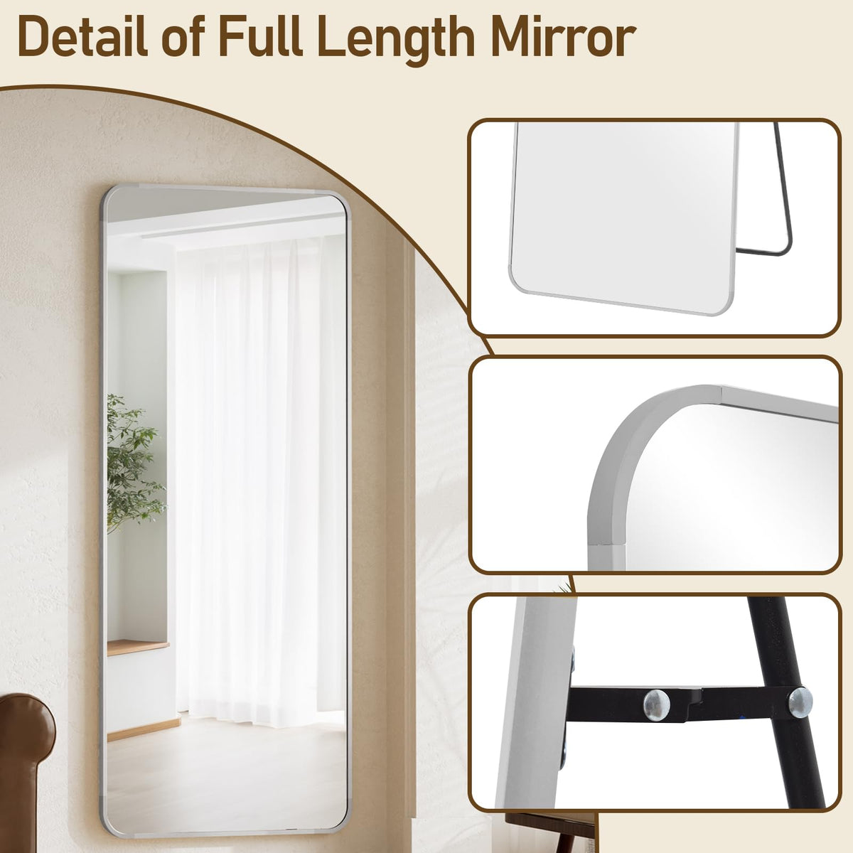 71" x 26" Rounded Corner Full Length Mirror with Stand, Silver