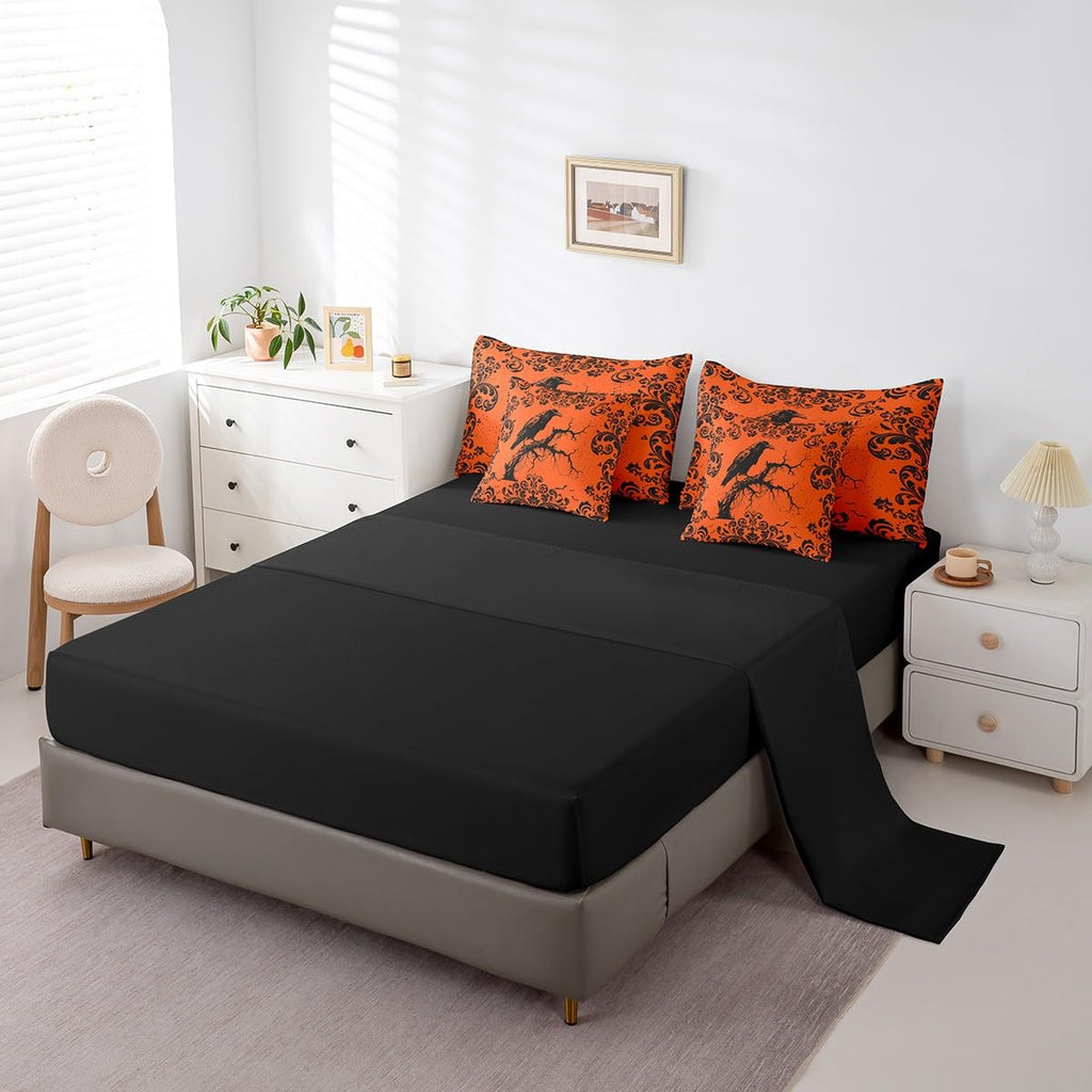 Halloween Crow Bedding Set Baroque Damask Gothic Twin Comforter Set 7 Piece Exotic Bohemian Vintage Floral Raven Bed