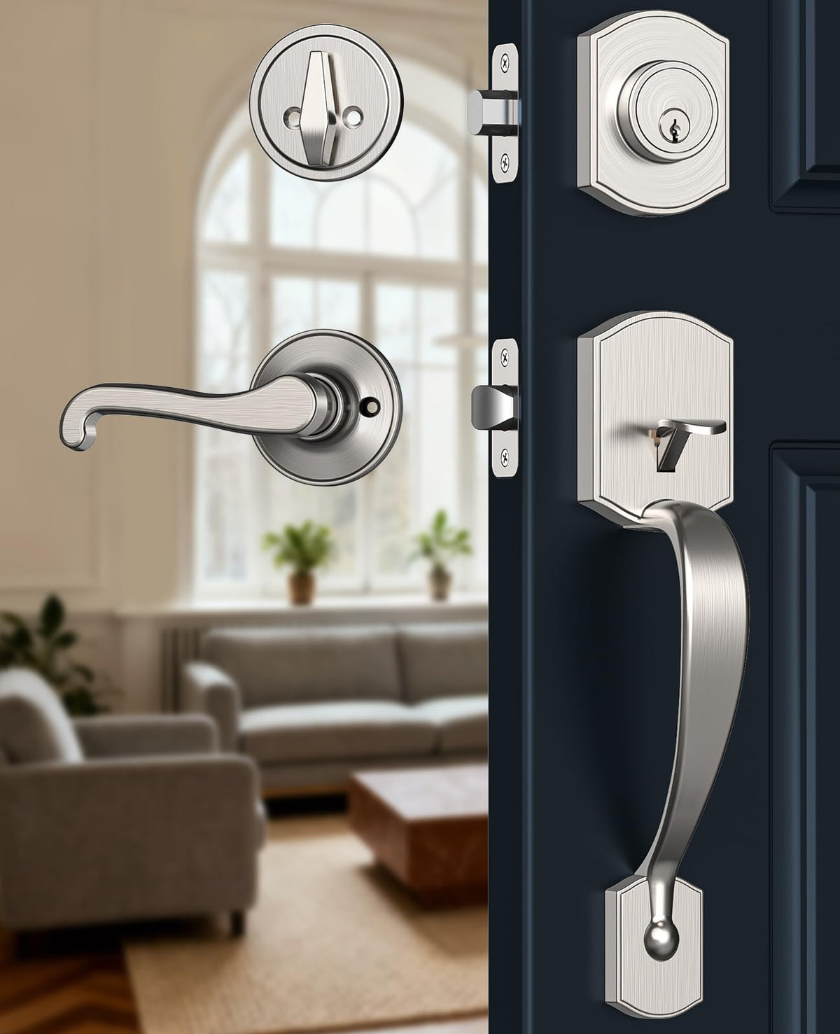 Satin Nickel Front Door Handle and Deadbolt Set with Classic Lever