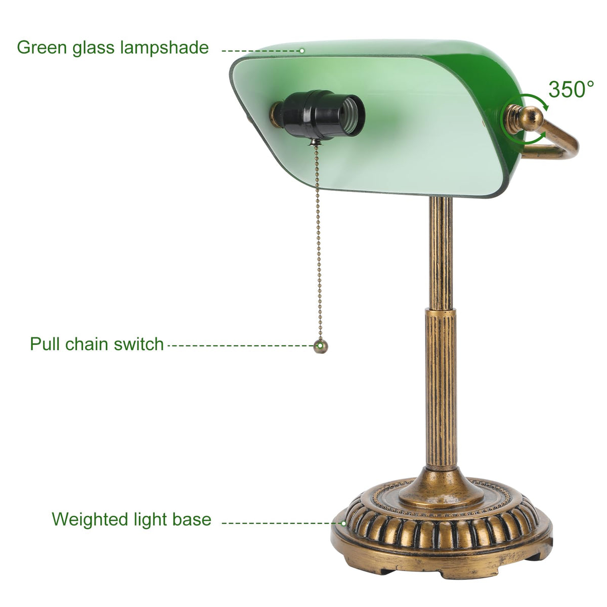 Bankers Lamp, Green Desk Lamp with Pull Switch, Vintage Table Lamps, Library, Piano (Green)