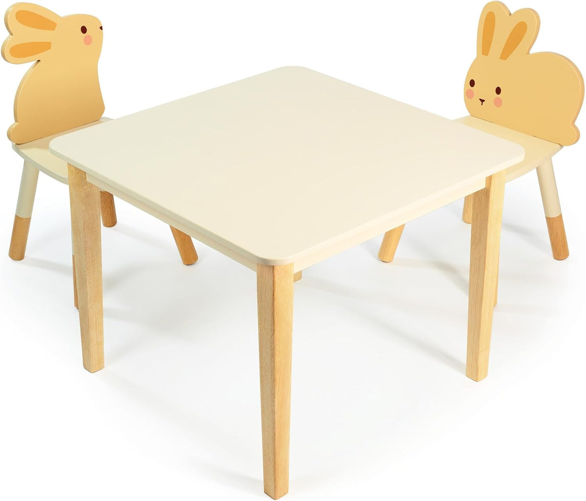 Kids Table and Chair Set with 2 Wooden Bunny Chairs, Cream Rubberwood Toddler Table, Wipe Clean, Non-Toxic Paint