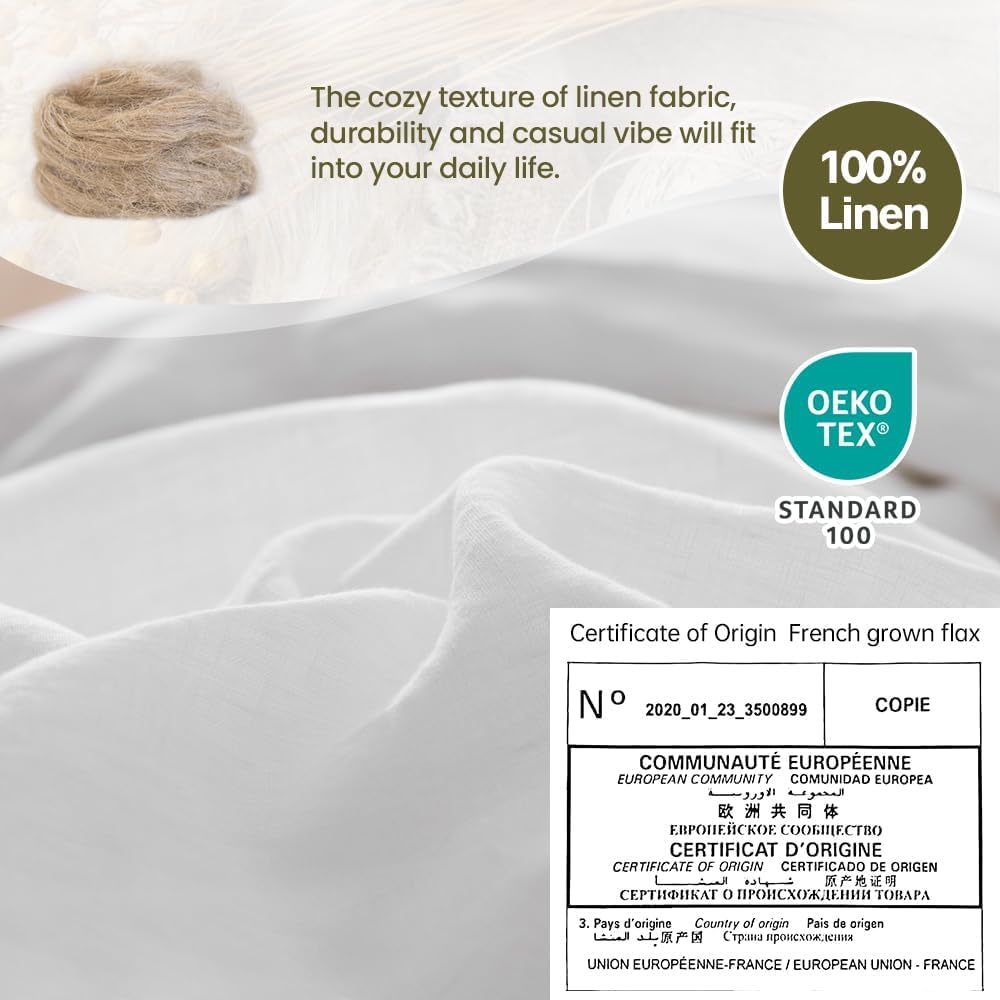 100% Washed Linen Duvet Cover, 3 Pieces Natural Flax French Country Bedding Set, Breathable Farmhouse Comforter Cover