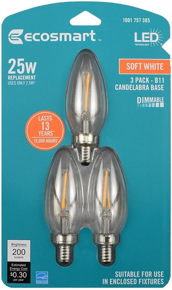 B11 E12 Base Dimmable Clear Filament Vintage Style LED Light Bulb, Soft White (3-Pack)