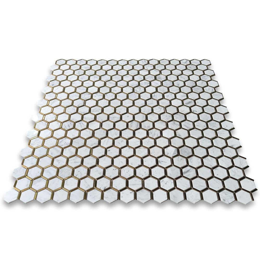 Carrara White Marble 2 inch Hexagon Mosaic Tile w/Brass Strips Polished Kitchen Bath Wall Floor Backsplash Shower (1