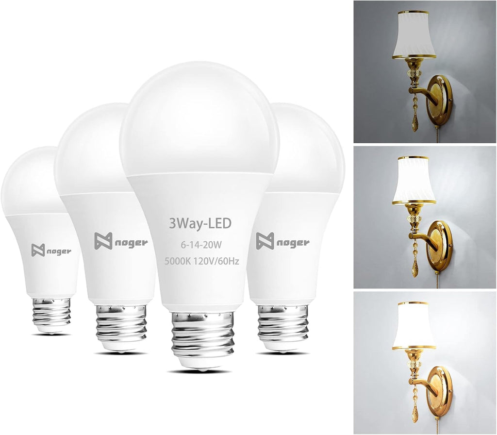 3 Way A21 LED Bulb,50 -100 -150W Equivalent,5000K Daylight, E26 Base,4 Pack