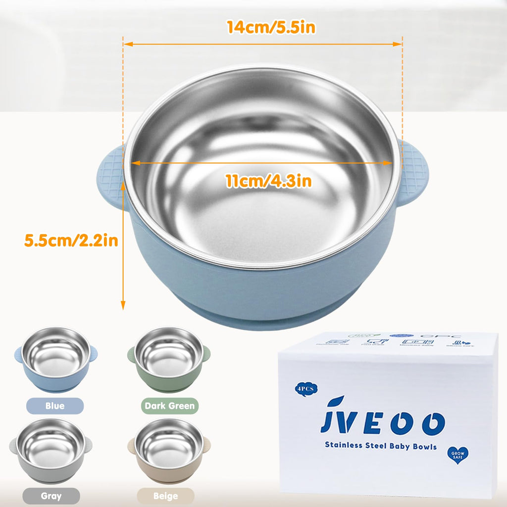 4 Pack Stainless Steel Baby Bowls with Suction 2-in-1