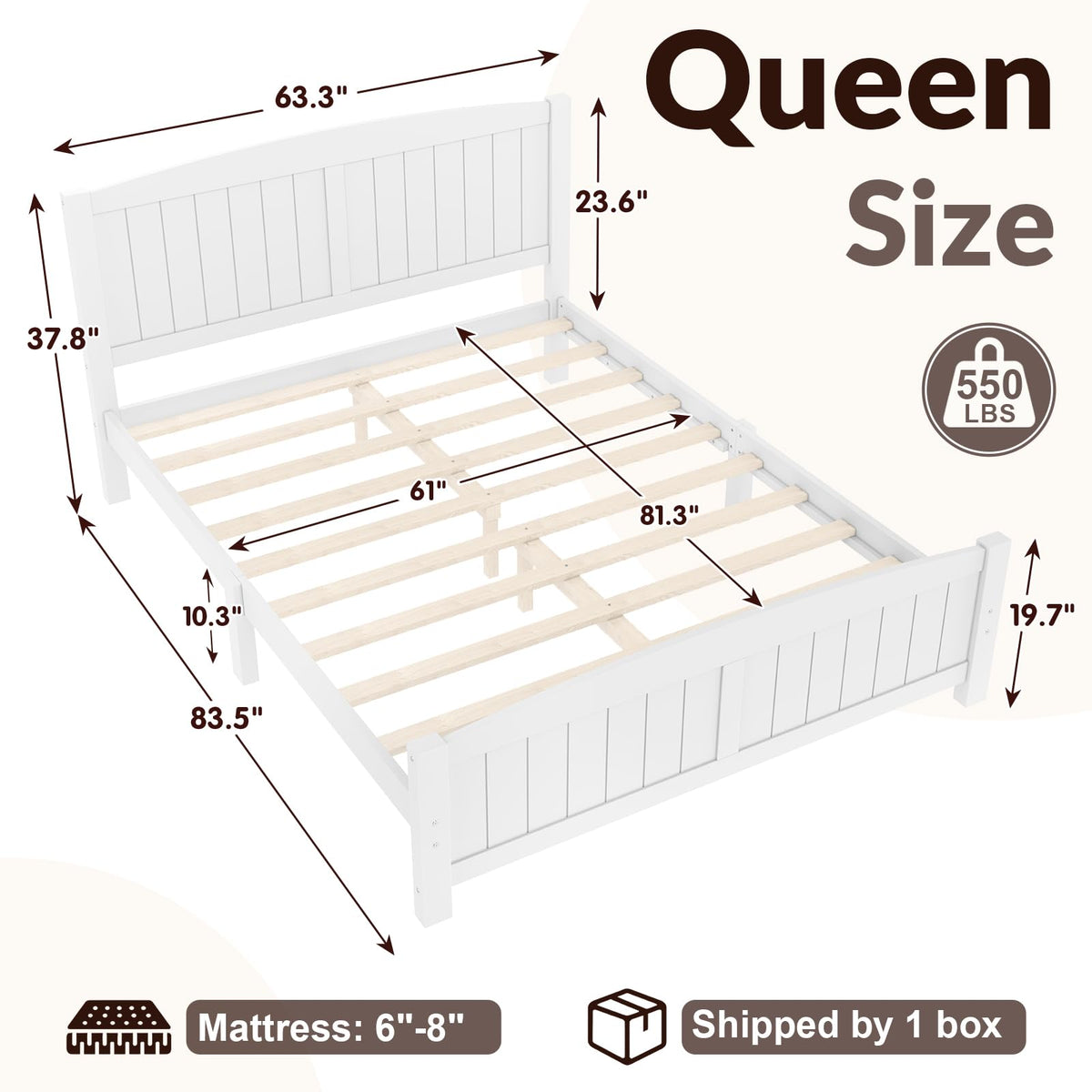 Farmhouse Bed Frame with Headboard & Footboard, White Wood Bed