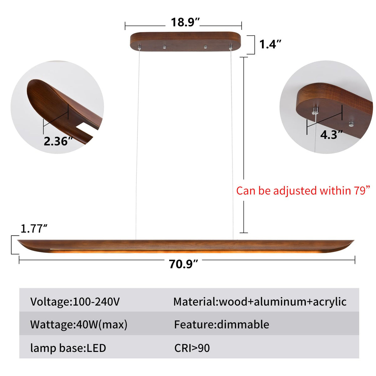 71" Wood Linear Pendant Light, Dimmable Kitchen Island Lighting with Remote, 40W LED Island Lights, Adjustable