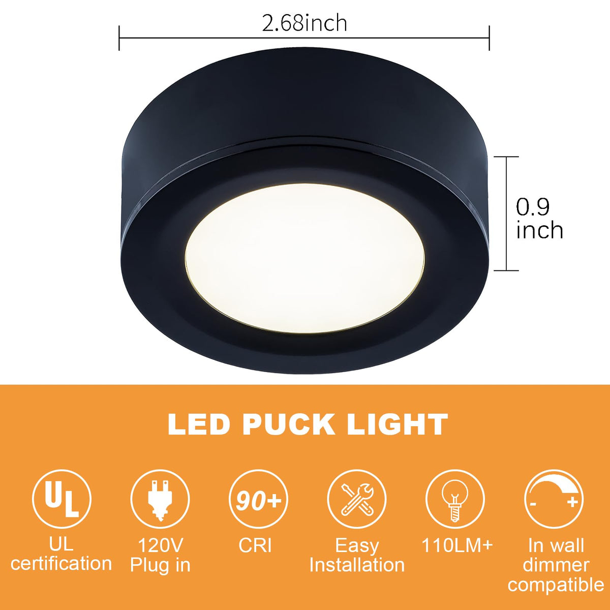 Wired LED Puck Lights Kit 2.68" Wide 3000K, 120V Plug-in or Hardwired Installation with Recessed or Surface Mounted