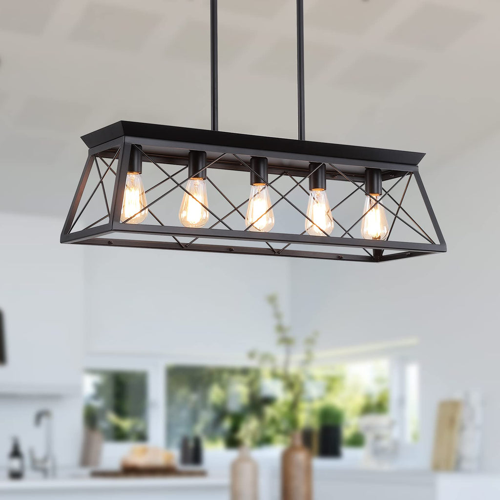 Farmhouse Chandeliers, Rustic Kitchen Island Light Fixture, 5-Light Linear Pendant Lighting Rectangular Chandelier