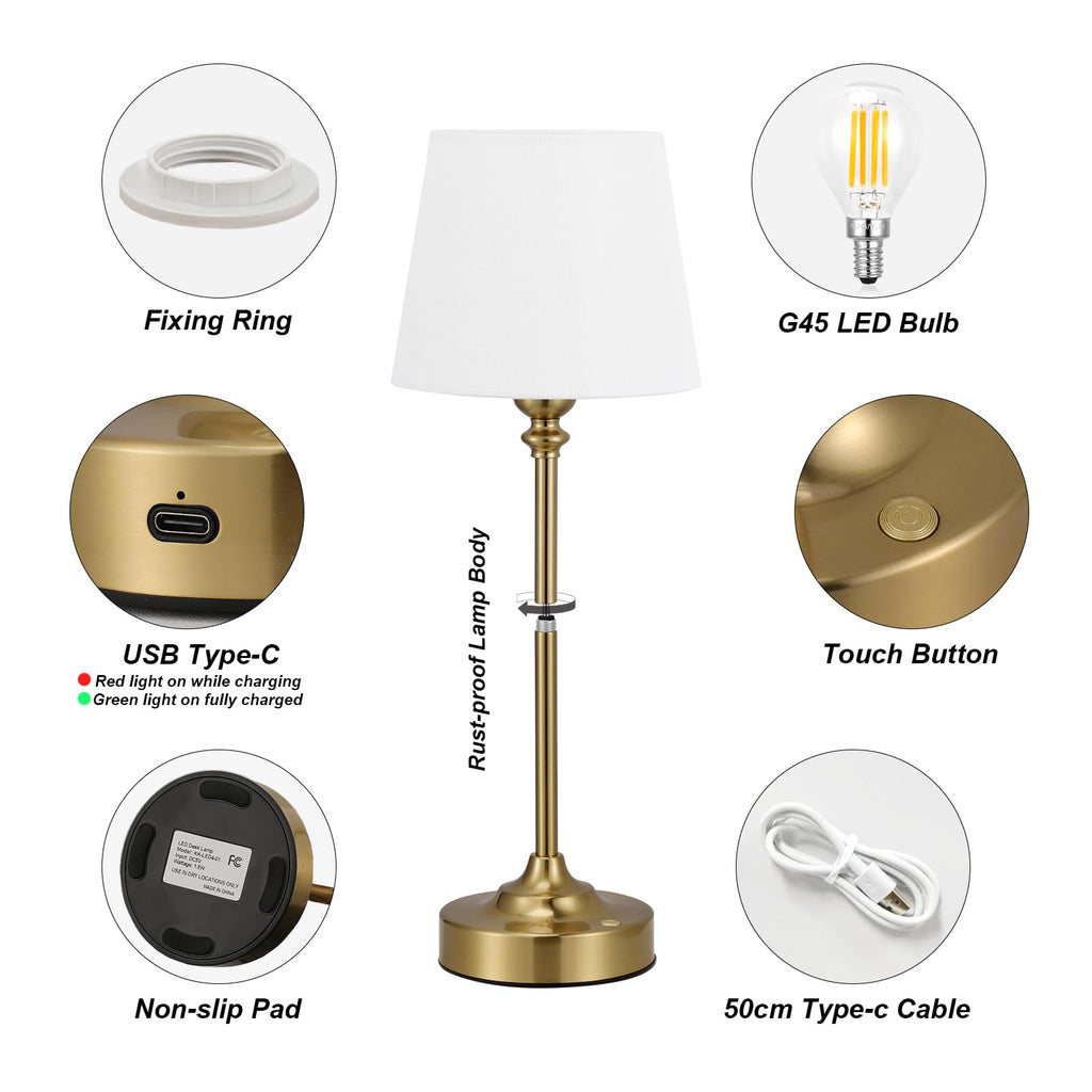 Gold Cordless Table Lamp with Rechargeable Battery, 1 Pack