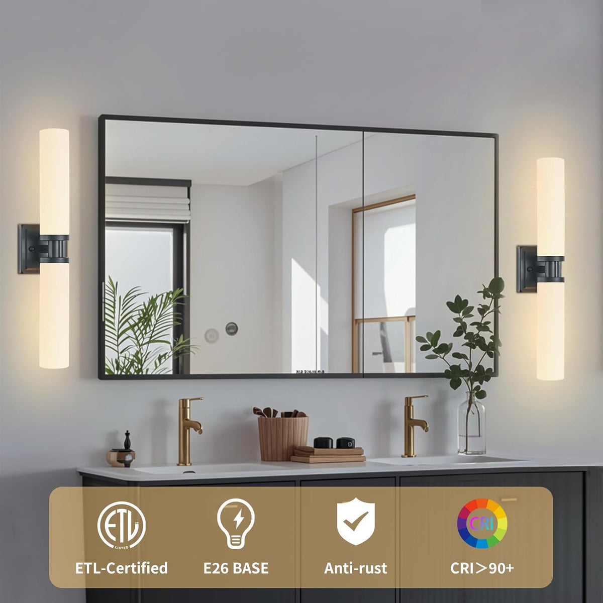 Black Wall Sconces Set of Two, Modern Bathroom Sconce with Frosted Glass, Hardwired Wall Light Fixtures for Bathroom